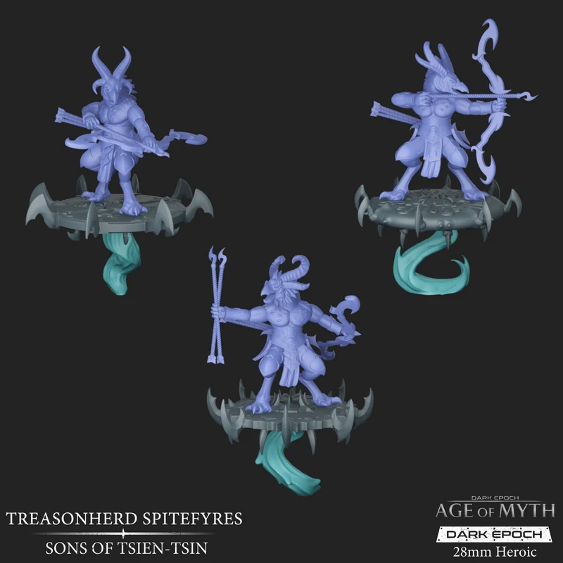 Three horned fantasy warrior miniatures with weapons on jagged floating bases