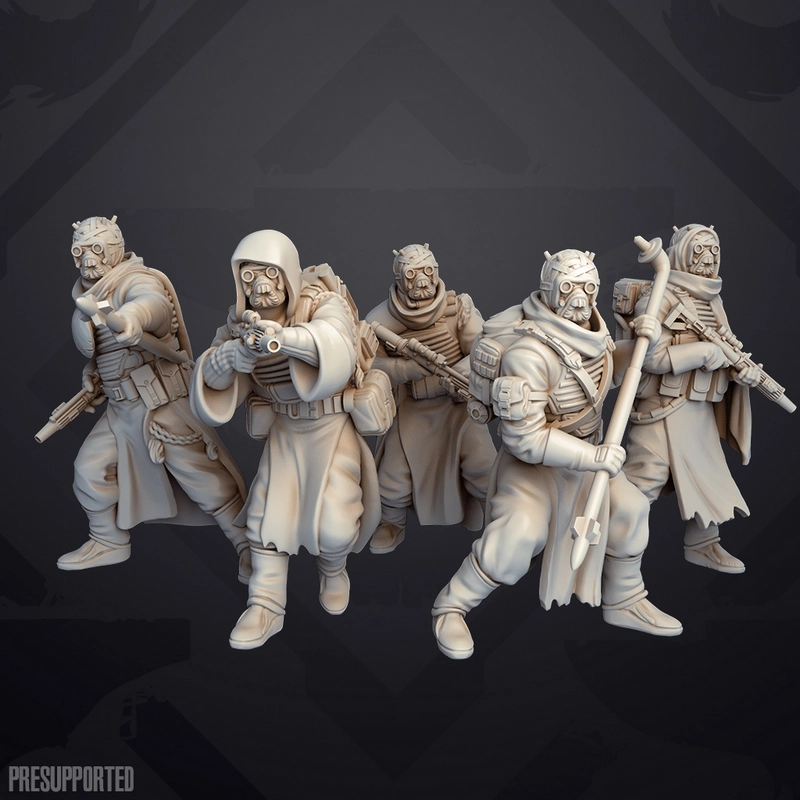 Five Tusken Raiders in layered robes and masks, posed with blaster-style weapons and a staff