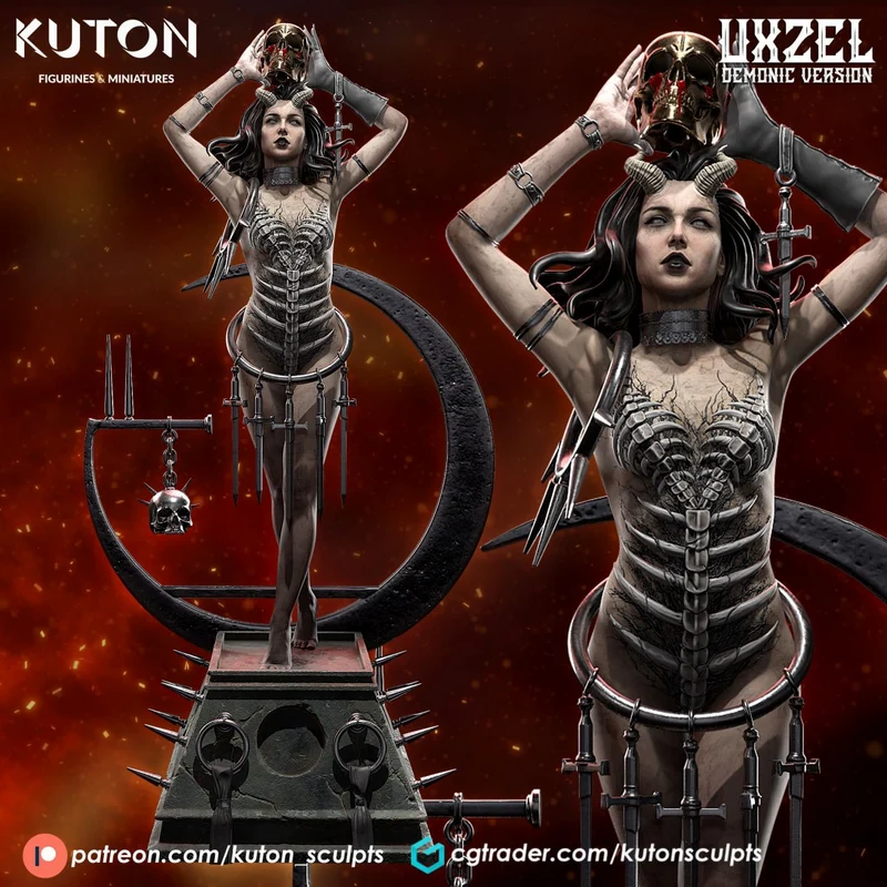 Uxzel Demonic fantasy figurine with horns, skeletal armor, chains, spikes, and a display base