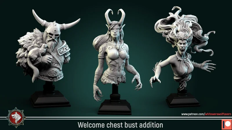 Three fantasy chest bust sculptures featuring horned characters on display bases