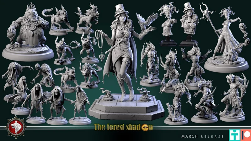 Fantasy miniature collection with a top-hatted heroine, beasts, spirits, and woodland creatures