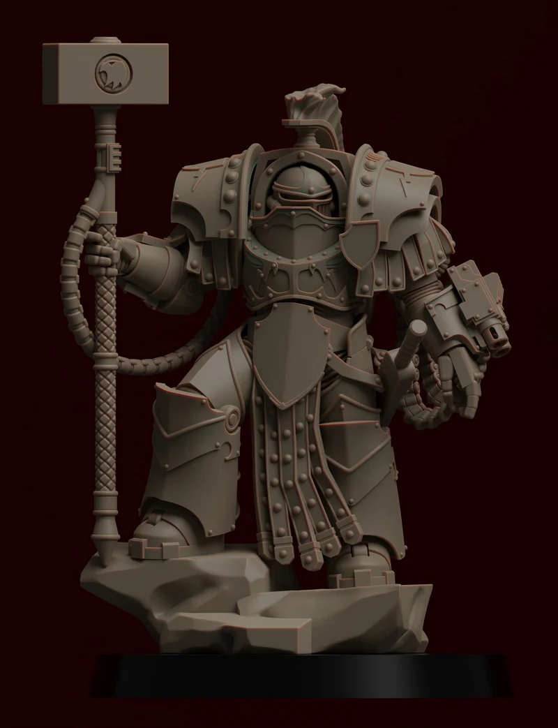 Armored warrior statue holding a large hammer on a rugged display base