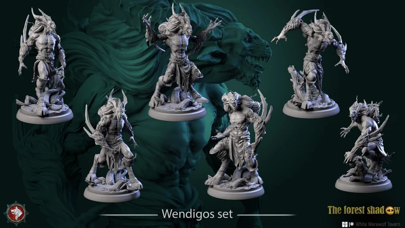 Set of antlered Wendigo fantasy creature miniatures on round bases