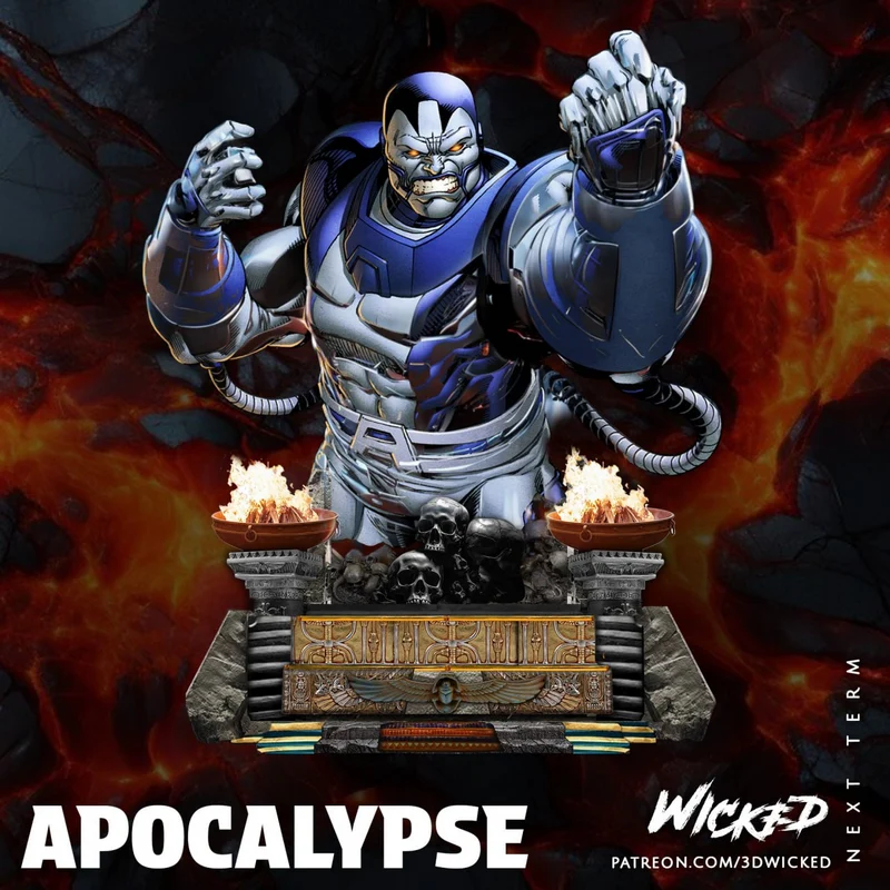 Marvel Apocalypse armored bust with raised fists, skulls, fire bowls, and ornate pedestal