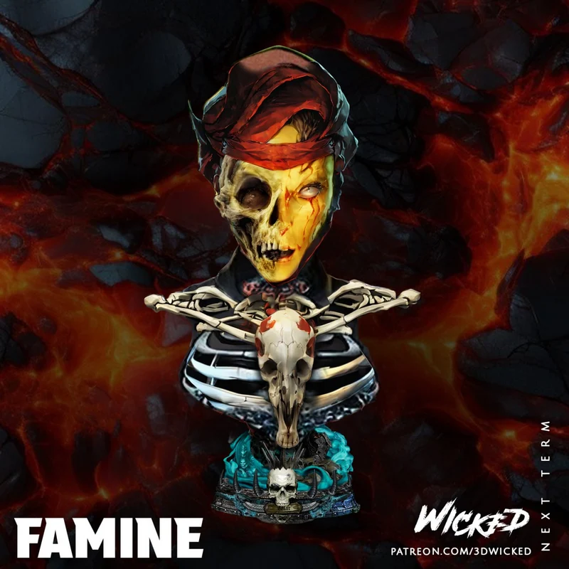 Famine Marvel bust with hooded skeletal face, exposed ribs, chest skull, and skull-decorated base
