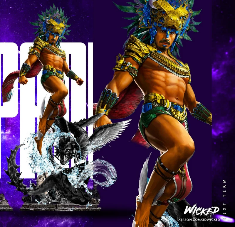 Namor Marvel sculpture with ornate headdress, wings, cape, and aquatic display base