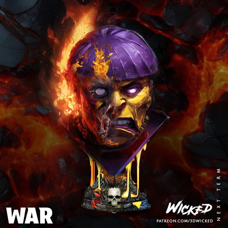 Marvel War bust with split skeletal face, purple helmet, flames, and skull base