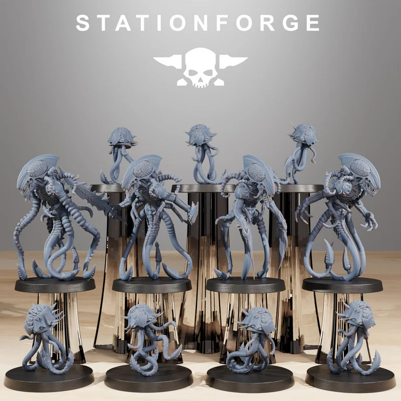 Xenarid Synaptrus tentacled alien miniatures displayed on round bases