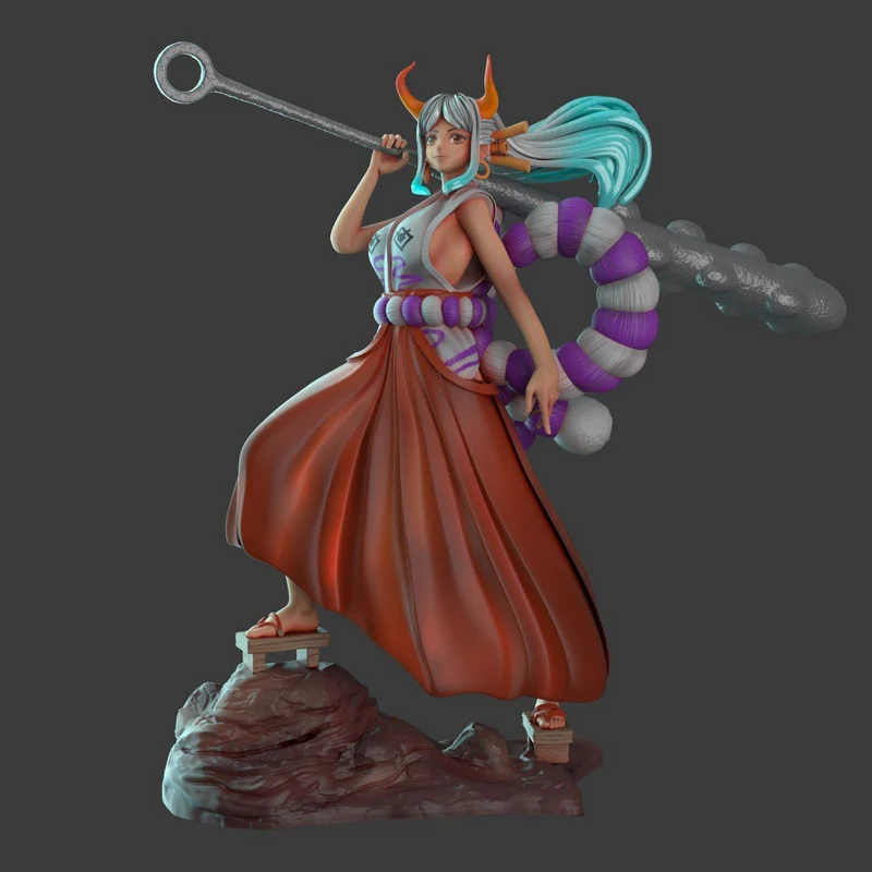 Yamato from One Piece holding a kanabo, with turquoise hair, horns, rope sash and a flowing red skirt