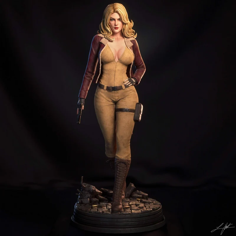 Cover Girl from G.I. Joe in a tan uniform, burgundy jacket, boots and holster on a display base.