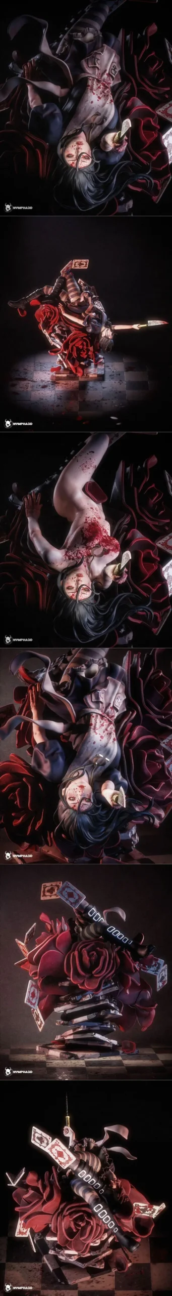 Alice character figure posed upside down with a knife, roses, and playing cards