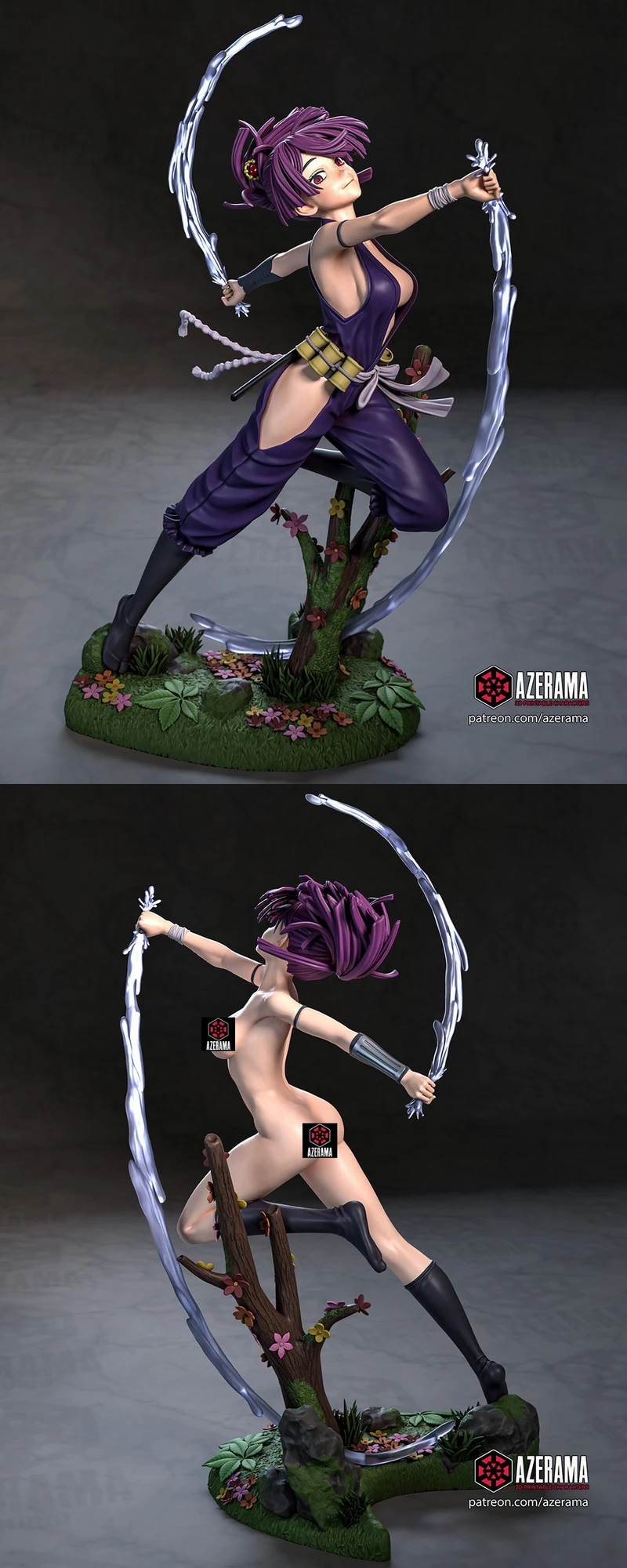 Sagiri Asaemon anime figure with curved blades on a flower-covered forest base