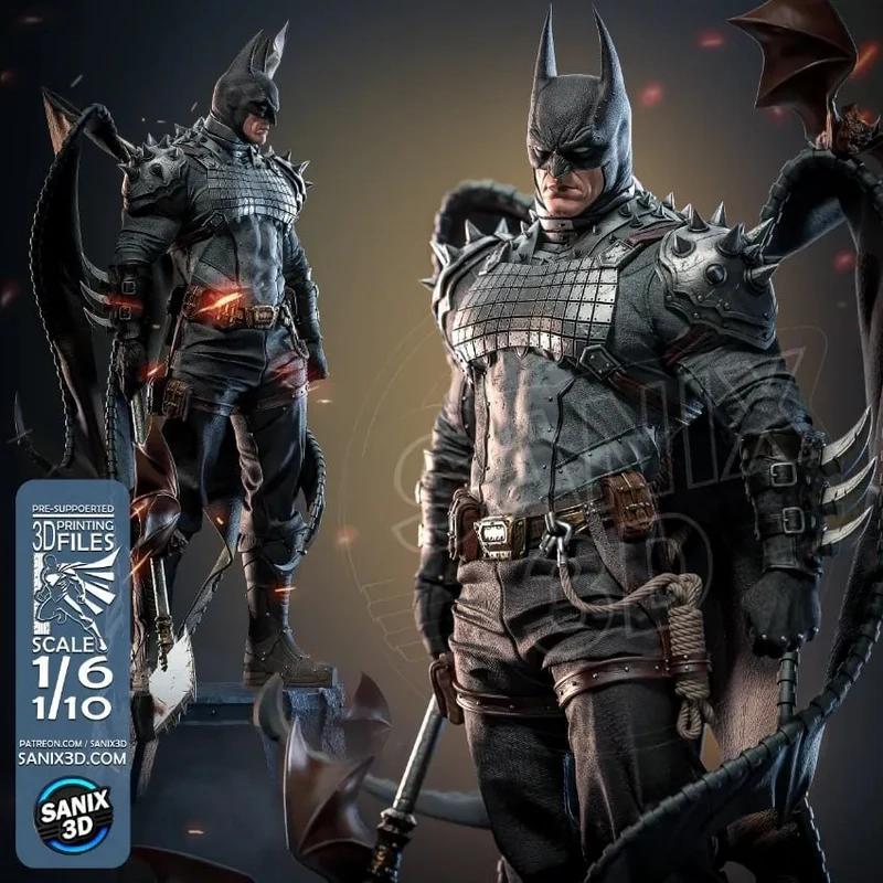 Armored Batman 3D model display figure with cape, cowl, shoulder spikes, and utility belt