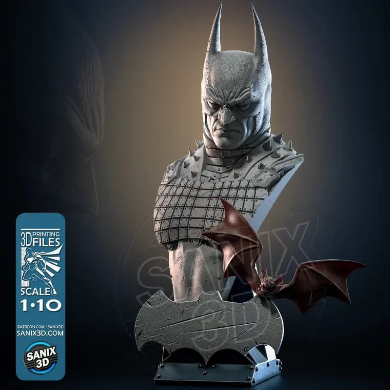 Batman bust with pointed cowl, spiked armor, and bat-shaped display base