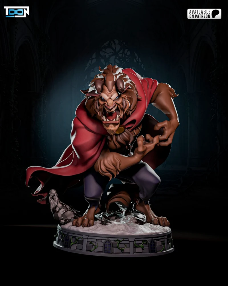 Crouched horned beast character statue with a red cape on a decorative base