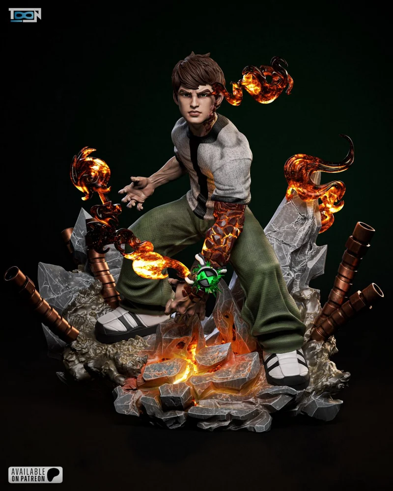 Ben 10-themed character statue with fiery effects, rocky base, and Omnitrix-like wrist device