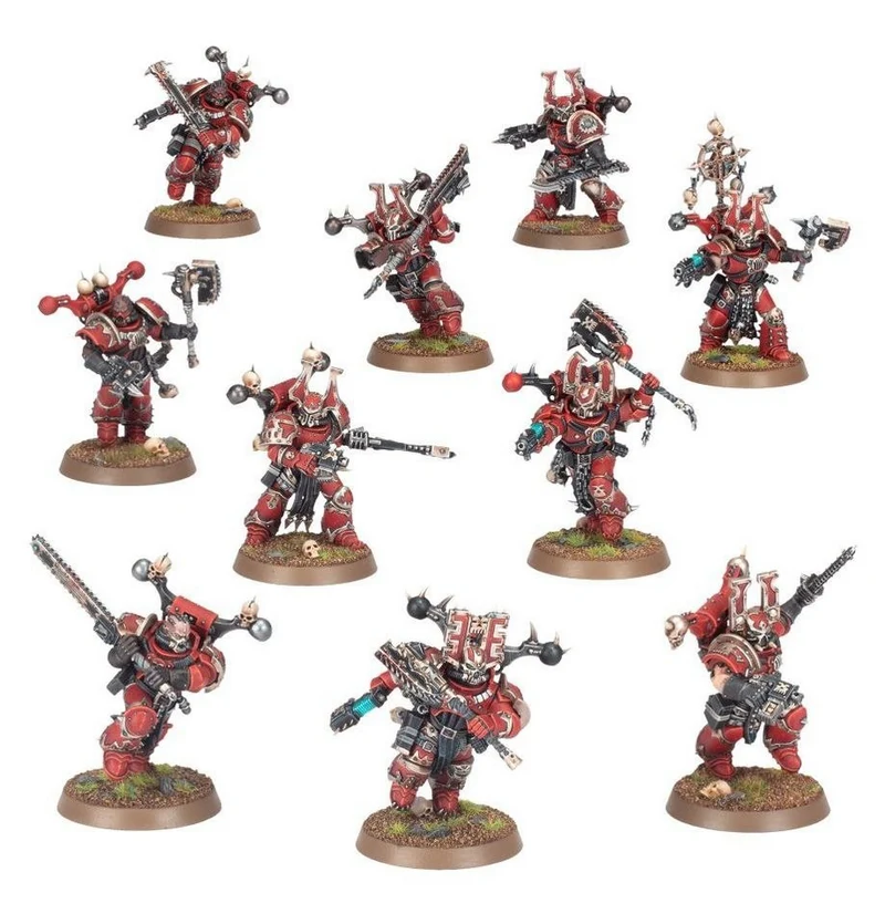 Busy Bees red-armored sci-fi tabletop miniatures with horned helmets and heavy weapons