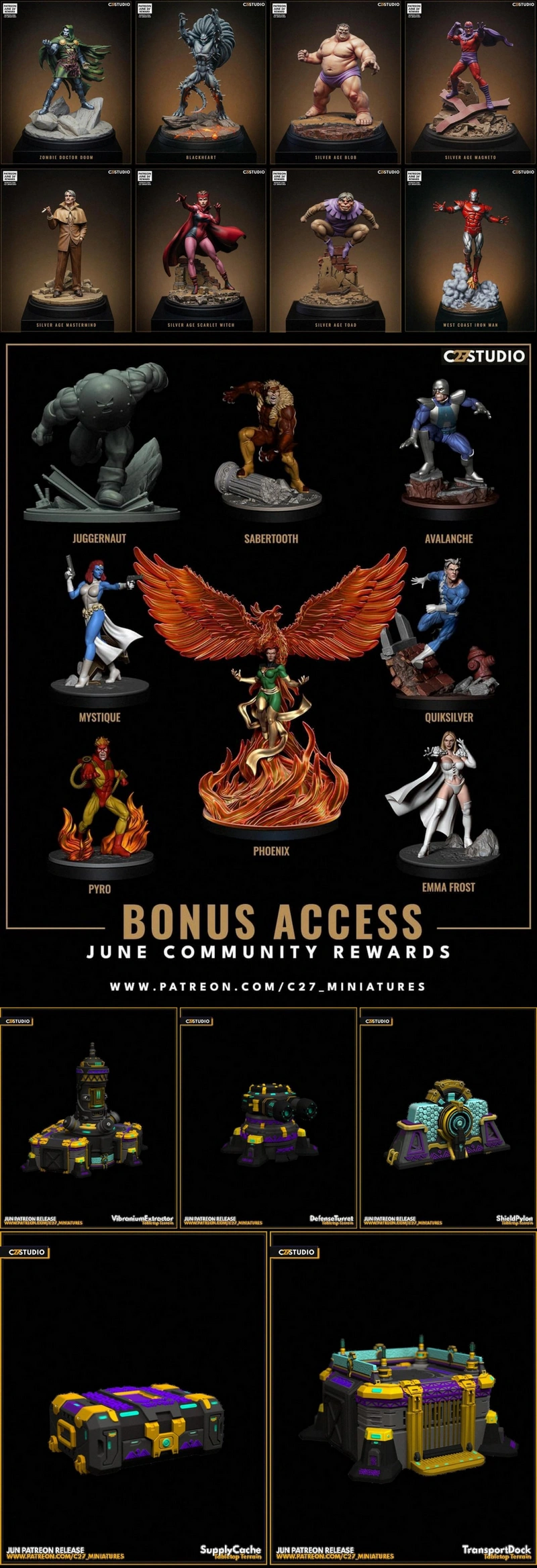 June 2026 collage of comic character miniatures and futuristic tabletop terrain models