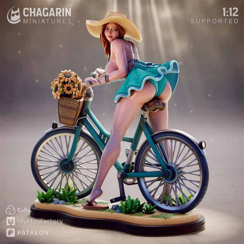 Stylized woman on a bicycle with sunflowers, shown as the Mary Hot Summer 3D figurine