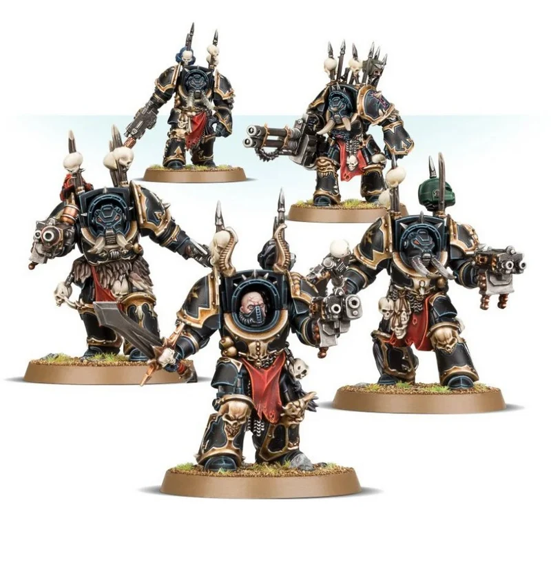 Chaos Terminator miniatures in spiked armor with weapons and skull details