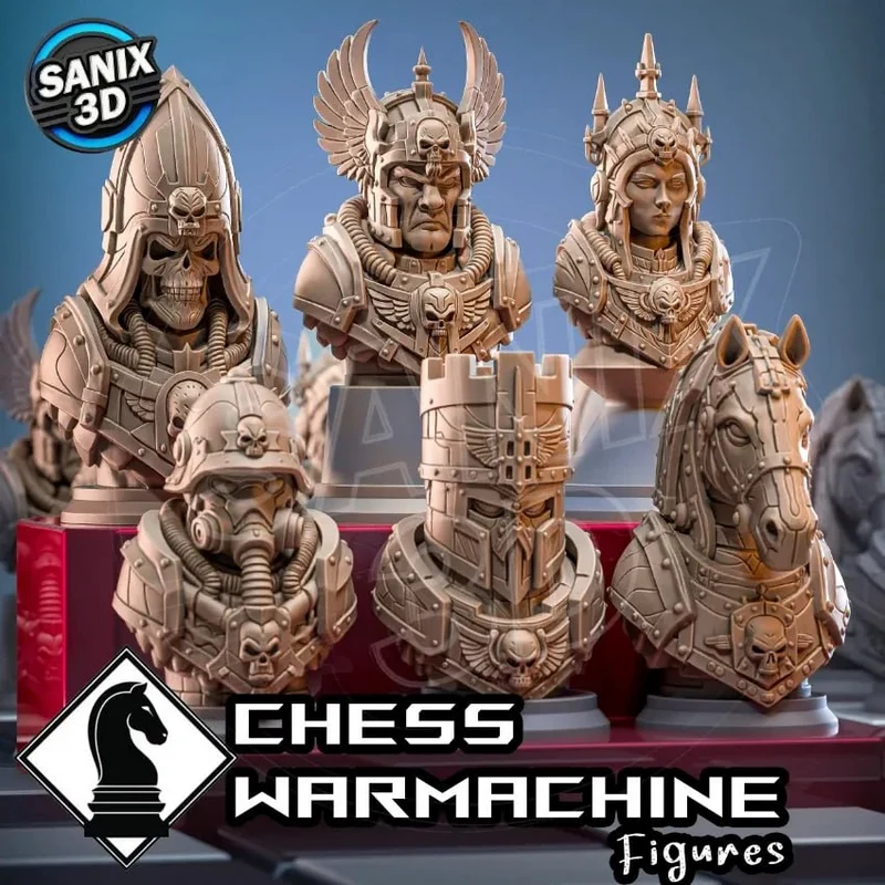 Armored War Machine-themed chess figures and character busts displayed together
