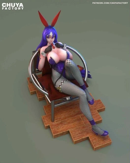 Purple-haired bunny-eared Minamoto figure seated on a chair and wooden platform