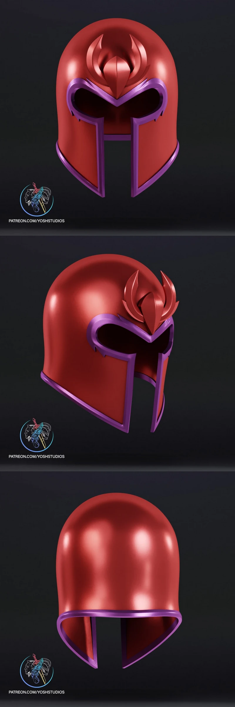 Red and purple Magneto helmet 3D model with pointed forehead crest
