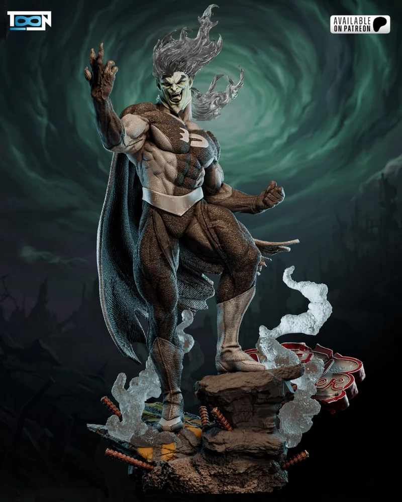 Dark Danny statue from Danny Phantom with a cape on a rocky sculpted base