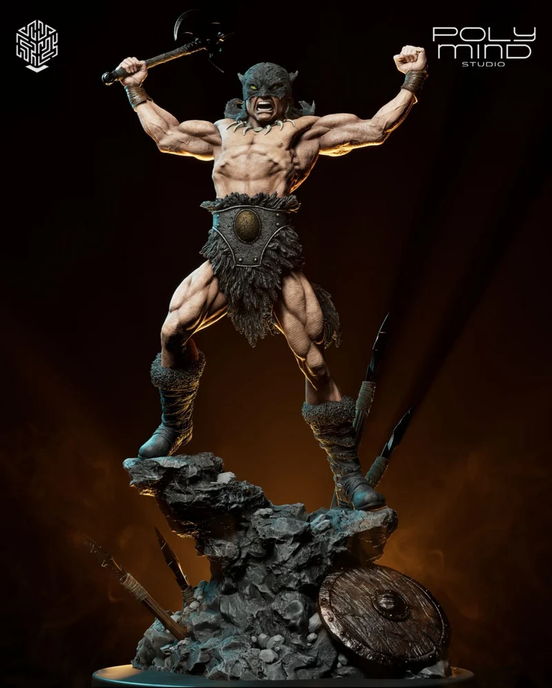 Dark wolf-like humanoid warrior statue with weapons on a rocky base