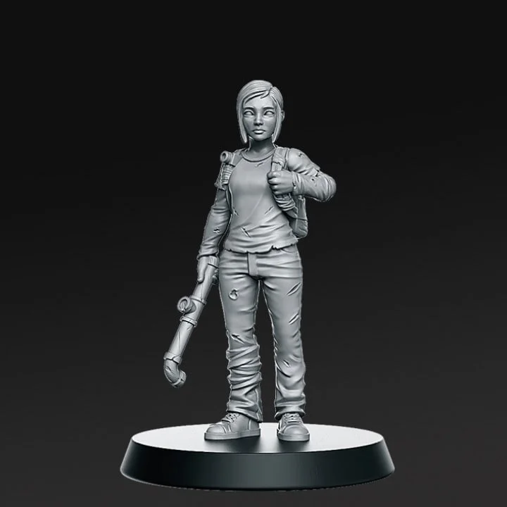 Daughter character statue with backpack, casual clothes, club-like prop, and display base