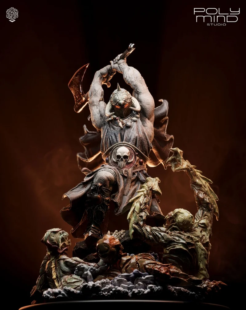 Dark fantasy armored Death Dealer figure raising a curved weapon over a creature-covered base