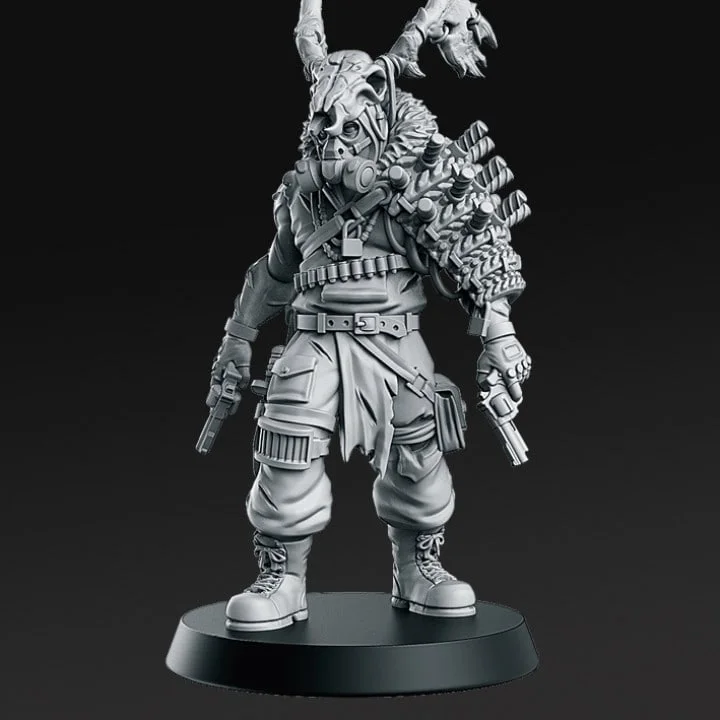 Horned Devil Wheeler character miniature with pistols and a round display base