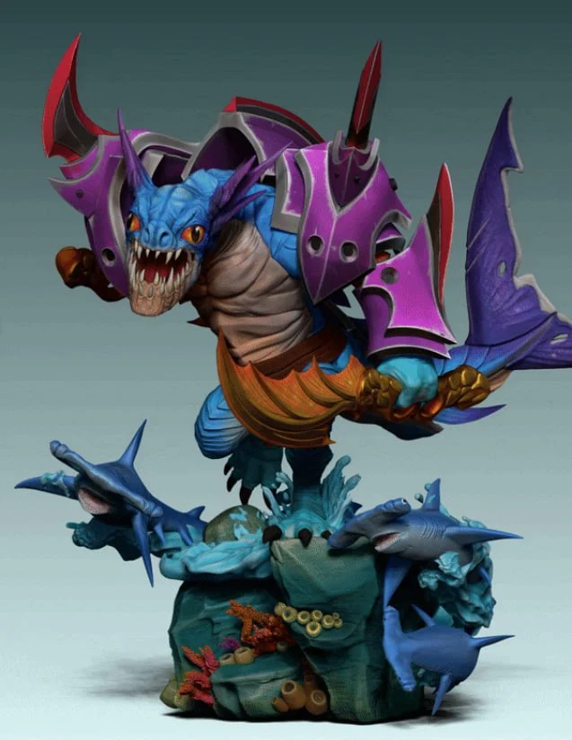 Slark from Dota 2 in purple armor on an aquatic creature display base