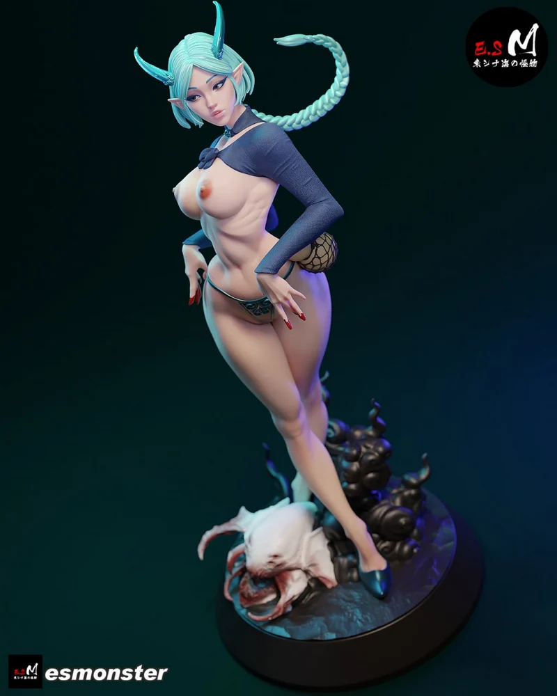 Ao Ling fantasy female figure with horns, braided turquoise hair, and an oval creature-themed display base