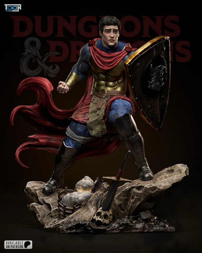 Eric from Dungeons & Dragons armored figure holding a shield on a rocky base