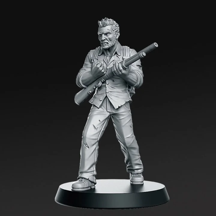 Bearded armed male character statue standing on a round display base