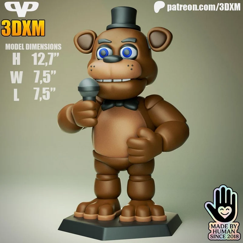 Chibi Freddy Fazbear with top hat, bow tie, microphone, and display base