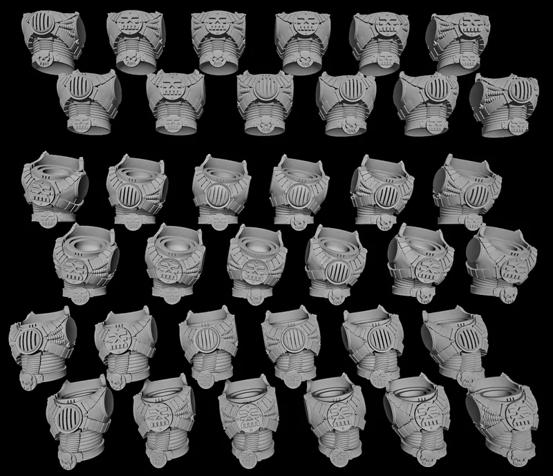 Collection of futuristic butcher torso armor pieces for Warhammer 40,000