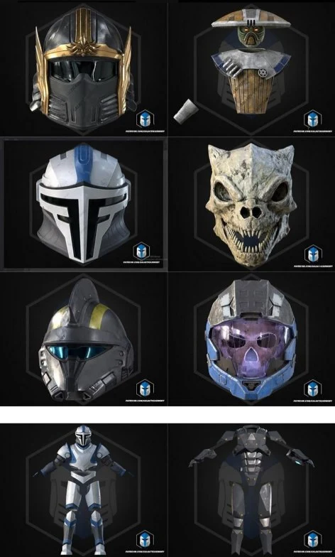Collage of helmets, a skull-like mask, and armored figures from the Galactic Armory March 2026 model reference
