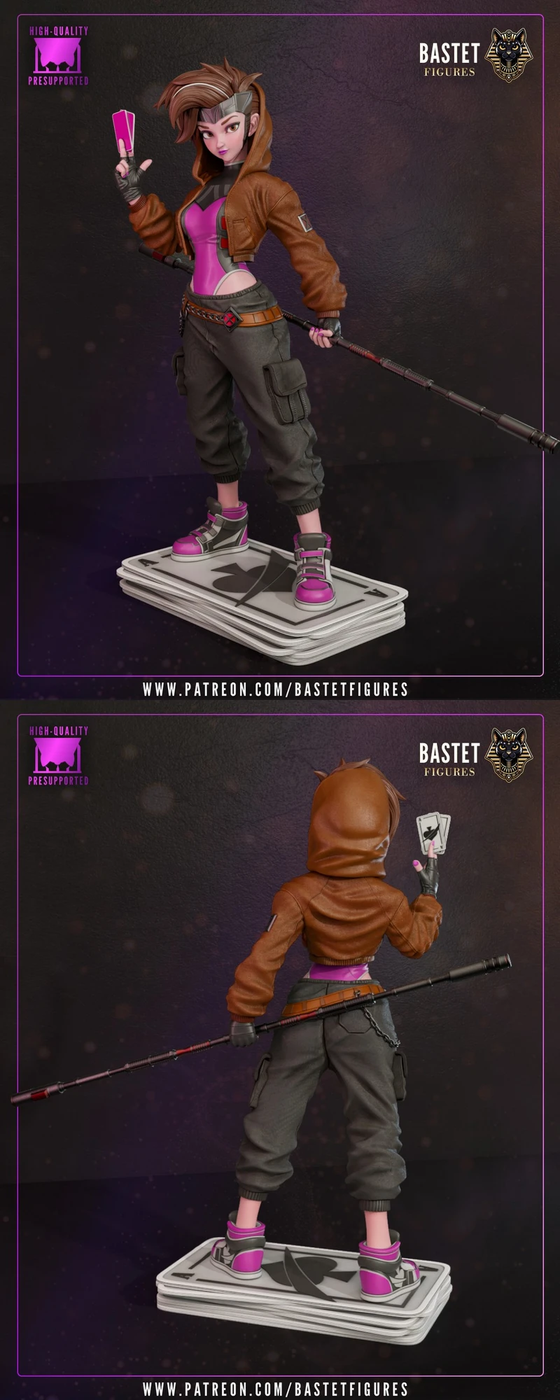 Stylized female character statue holding playing cards and a staff on a card-themed base