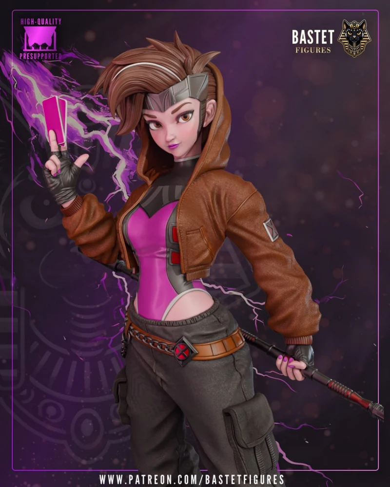 Stylized female comic-book character holding a playing card and staff