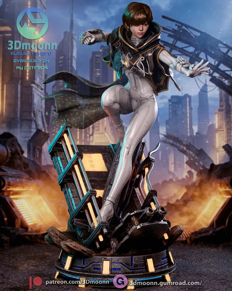 Stylized female character figure on a futuristic mechanical base