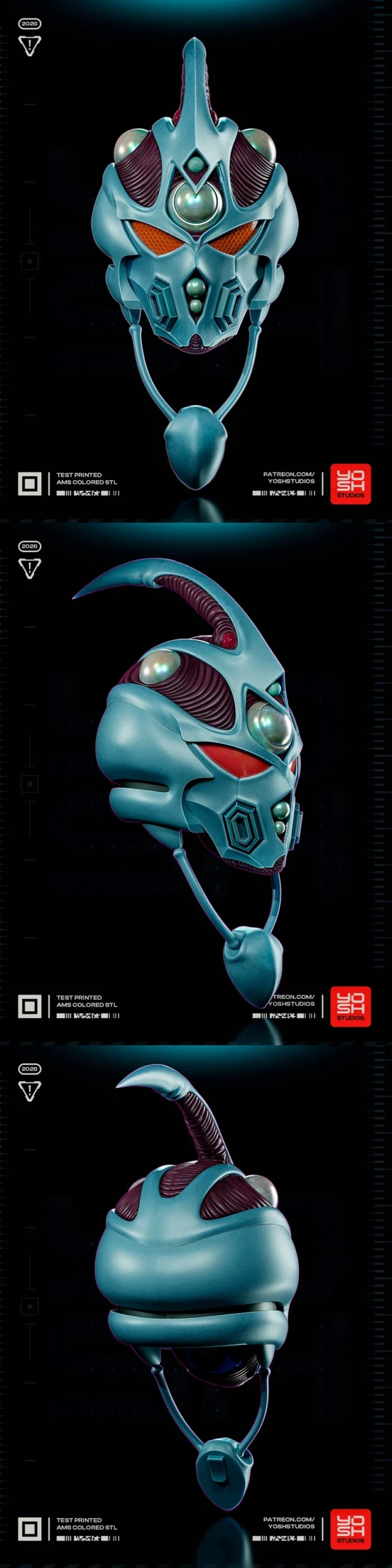 Guyver bio-armor helmet 3D model with crest, orbs, eye panels, and hanging control piece