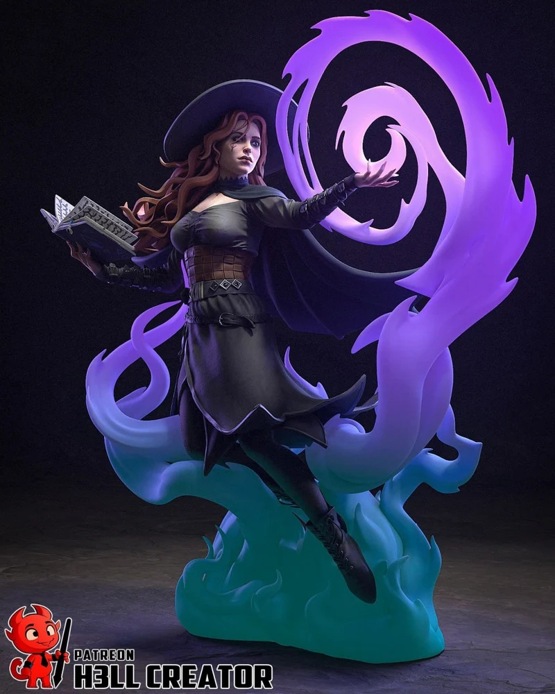 Tasha fantasy spellcaster figurine with spellbook and curling purple magical forms