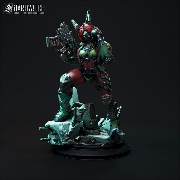 Armored fantasy warrior with a firearm standing on a rocky display base