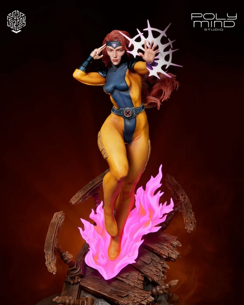 Jean Grey Marvel figure in a yellow-and-blue costume above a pink flame base