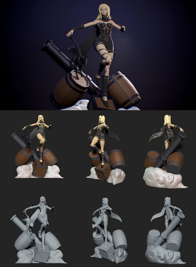 Kat from Gravity Rush standing on barrels and a crate with her cape flowing