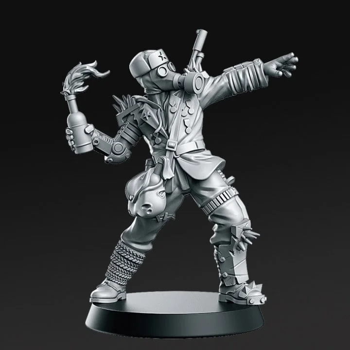 Kolotov steampunk character miniature with mechanical limbs, torch and round base
