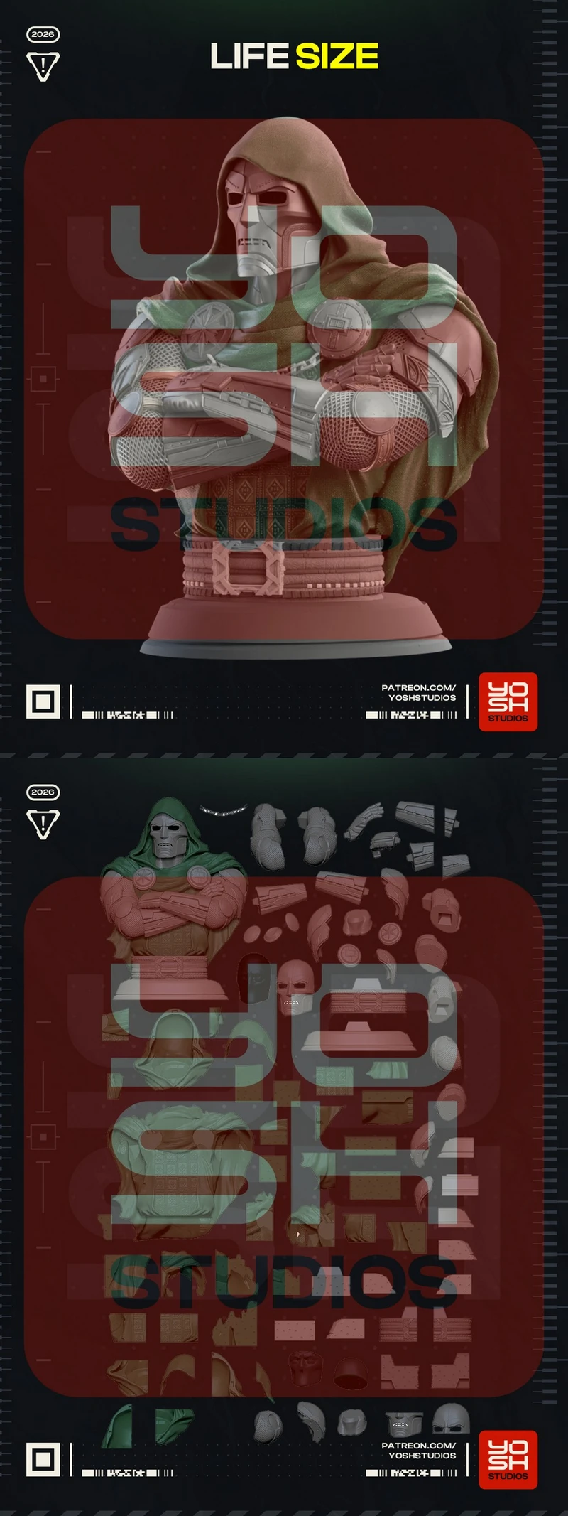 Life-size Doctor Doom bust with hood, armored mask, cape, and crossed arms