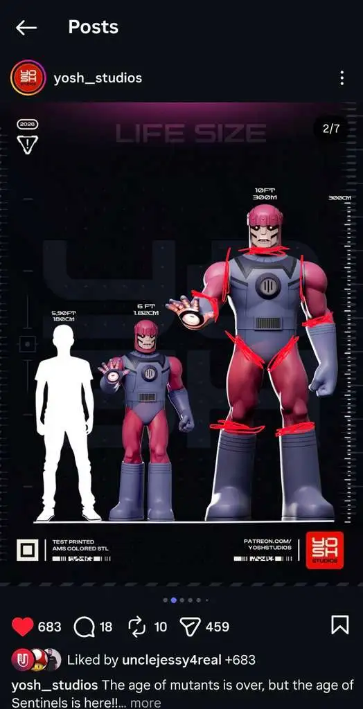 Life-size Marvel Sentinel robotic display statue with magenta limbs and gray armor